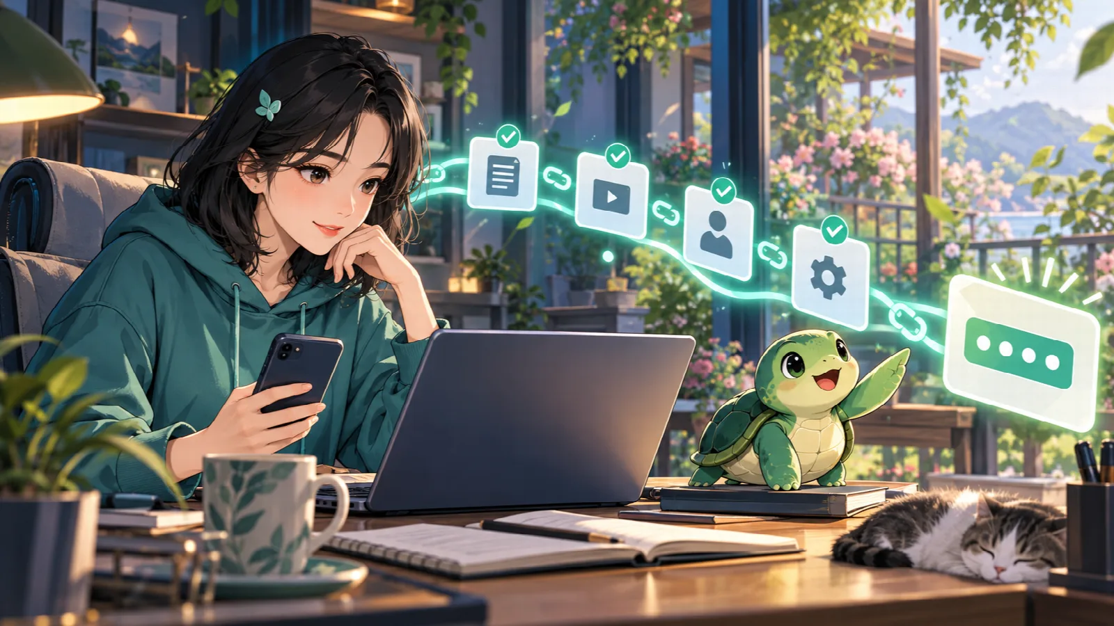 Nhân vật anime theo dõi từng link và lấy mã nhiệm vụ trên điện thoại, máy tính