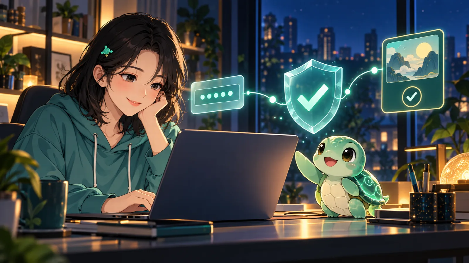 Nhân vật anime xác nhận mã nhiệm vụ với biểu tượng dấu tích và khiên